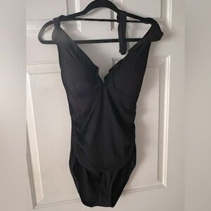 Ellen Tracy black, striped, one-piece bathing suit
